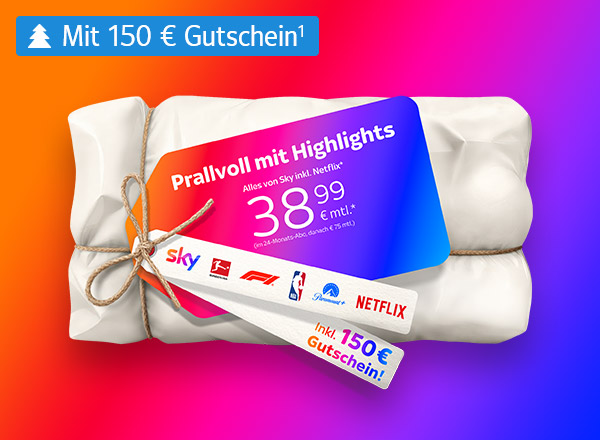 Bunter Verlaufshintergrund mit weißem Text: 'sky Prallvoll mit Highlights 38,99 € mtl.* (im 24-Monats-Abo, danach € 75 mtl.)' und blauem Banner 'Mit 150 € Gutschein¹'.