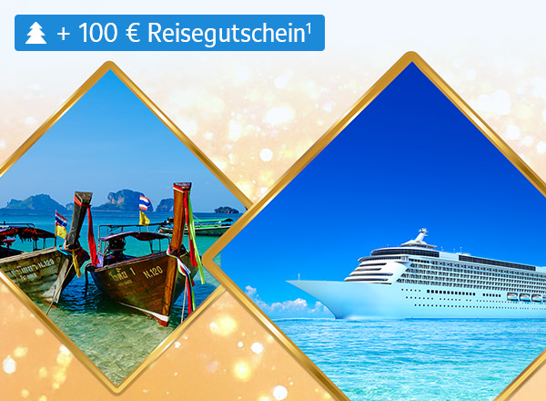 Zwei viereckige Bildausschnitte, die das Meer zeigen. Auf dem linken Bildausschnitt sind zusätzlich zwei alte Fischerboote zu sehen und auf dem rechten Bildausschnitt ein Kreuzfahrtschiff.