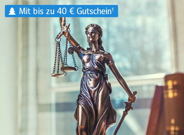 Justitia, die Göttin der Gerechtigkeit, ist als Bronzefigur abgebildet. Im Hintergrund sieht man schemenhaft ein Arbeitszimmer mit einigen Gesetzesbüchern rechts.