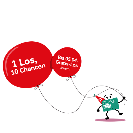 Glücks-Los mit zwei Ballons mit Angebotsdetails auf rosa Hintergrund, oben rechts das Aktion Mensch Logo