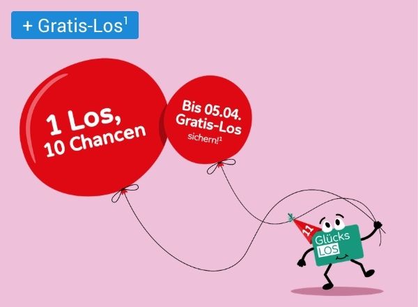 Glücks-Los mit zwei Ballons mit Angebotsdetails auf rosa Hintergrund, oben rechts das Aktion Mensch Logo