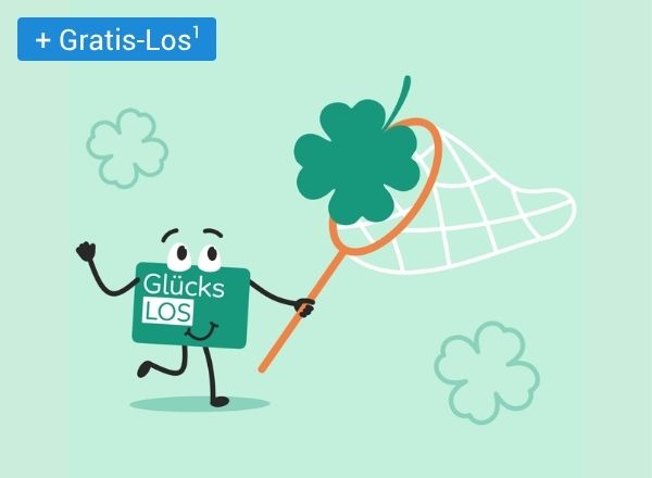 Ein gezeichnetes „Glücks‑Los“ fängt mit einem Kescher ein vierblättriges Kleeblatt; oben steht „+ Gratis‑Los¹“ und das Aktion‑Mensch‑Logo.