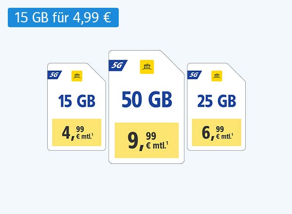 WEB.DE 5G-Tarife: 15 GB für 4,99 €, 25 GB für 6,99 €, 50 GB für 9,99 € monatlich.¹