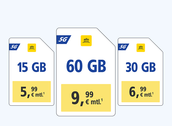 WEB.DE 5G-Tarife: 15 GB für 5,99 €, 30 GB für 6,99 €, 60 GB für 9,99 € monatlich.¹