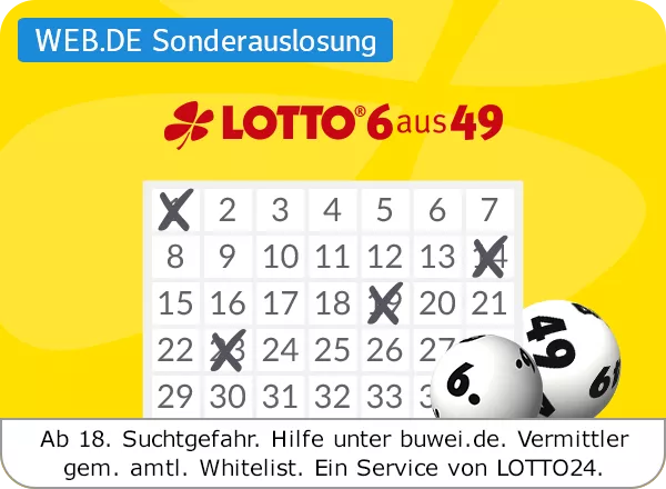 Ein gelb weißer Lottozettel mit einem Zahlenfeld und zwei weiße Lotto-Kugeln mit schwarzen Zahlen auf der rechten und linken Seite. Über dem Zahlenfeld ist das Logo von Lotto und dem Schriftzug 6 aus 49 zu sehen. Am unteren Bildrand ist der Suchthinweis "Ab. 18. Suchtgefahr. buwei.de. Vermittler gemäß amtlicher Whitelist. Ein Service von Lotto24" zu sehen.