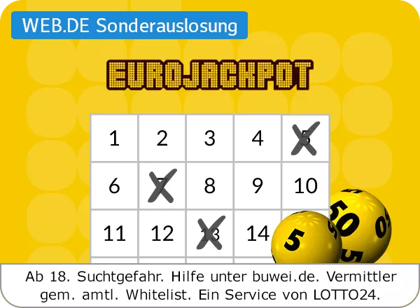Ein gelb weißer Lottozettel mit einem Zahlenfeld und zwei gelbe Lotto-Kugeln mit schwarzen Zahlen auf der rechten und linken Seite. Über dem Zahlenfeld ist das Logo EUROJACKPOT zu sehen. Am unteren Bildrand ist der Suchthinweis "Ab. 18. Suchtgefahr. buwei.de. Vermittler gemäß amtlicher Whitelist. Ein Service von Lotto24" zu sehen.