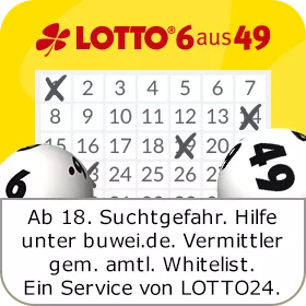 Ein gelb weißer Lottozettel mit einem Zahlenfeld und zwei weiße Lotto-Kugeln mit schwarzen Zahlen auf der rechten und linken Seite. Über dem Zahlenfeld ist das Logo von Lotto und dem Schriftzug 6 aus 49 zu sehen. Am unteren Bildrand ist der Suchthinweis "Ab. 18. Suchtgefahr. buwei.de. Vermittler gemäß amtlicher Whitelist. Ein Service von Lotto24" zu sehen.