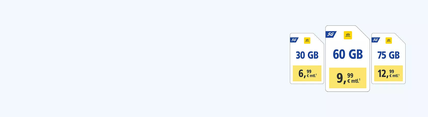 GMX 5G-Tarife: 30 GB für 6,99 €, 60 GB für 9,99 €, 75 GB für 12,99 € monatlich.¹