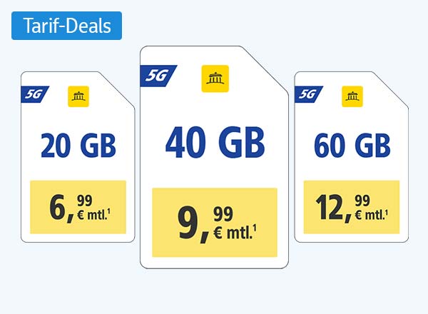 WEB.DE 5G-Tarife: 20 GB für 6,99 €, 40 GB für 9,99 €, 60 GB für 12,99 € monatlich.¹