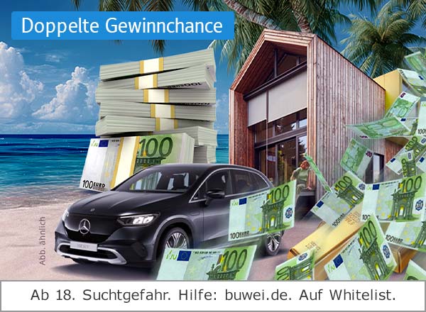 Ein schwarzer Mercedes SUV steht vor einem modernen Haus am Strand, umgeben von Stapeln und umherfliegenden 100‑Euro‑Scheinen sowie Palmen und Meer im Hintergrund.