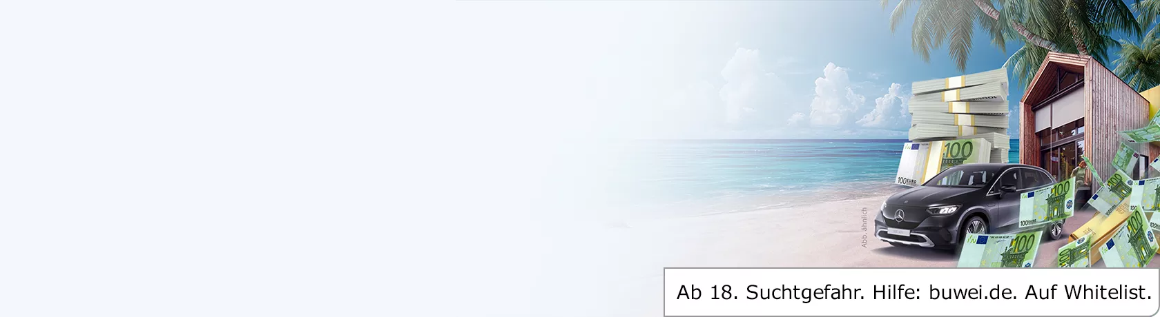 Ein schwarzer Mercedes SUV steht vor einem modernen Haus am Strand, umgeben von Stapeln und umherfliegenden 100 Euro Scheinen sowie Palmen und Meer im Hintergrund.
