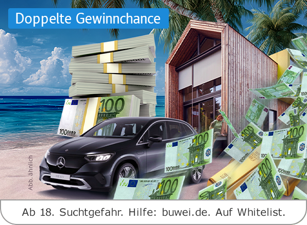Ein schwarzer Mercedes SUV steht vor einem modernen Haus am Strand, umgeben von Stapeln und umherfliegenden 100‑Euro‑Scheinen sowie Palmen und Meer im Hintergrund.
