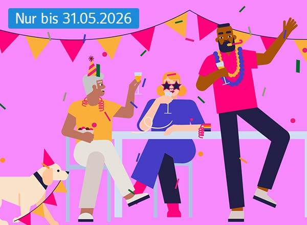 Eine Person steht und tanzt, zwei sitzen am Tisch mit Getränken und Partyhüten. Über ihnen hängen Wimpelketten und Konfetti fliegt durch die Luft.