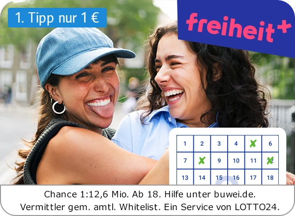 Zwei Personen umarmen sich, freiheit+ Logo, 1 Tipp nur 1 €, Lottohinweis