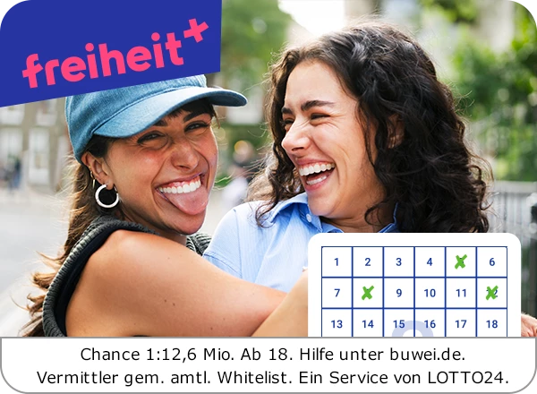 Zwei lachende Frauen umarmen sich; „freiheit+“ und Kalendergrafik mit Hinweisen.