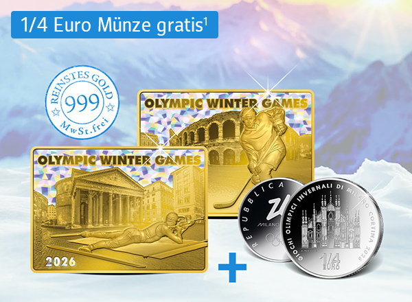 Zwei Goldbarren mit Prägungen mit olympischen Wintermotiven und eine silberne Gratis-Münze mit Dom-Motiv