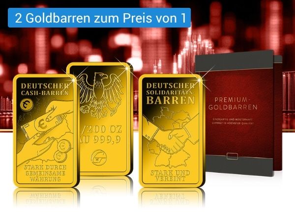 3 Deutsche Staatsgoldbarren und eine rote Verpackung für Premium Goldbarren auf weiß rotem Hintergrund