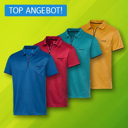 Poloshirts in gelb, türkis, rot und blaue vor grünem Hintergrund, Text: TOP ANGEBOT!