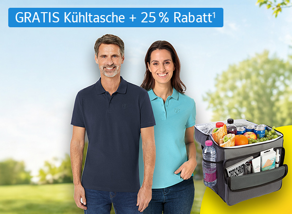 Ein Mann und eine Frau gekleidet in Sommerpolos stehen in der Natur mit einer gefüllten Kühltasche und Störer "GRATIS Kühltasche + 25 % Rabatt"