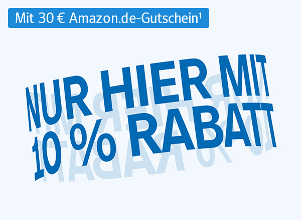 Blauer Text "Nur hier mit 10 % Rabatt", der rotierend wirkt mit Chip-Text "Mit 30 € Amazon.de-Gutschein¹"