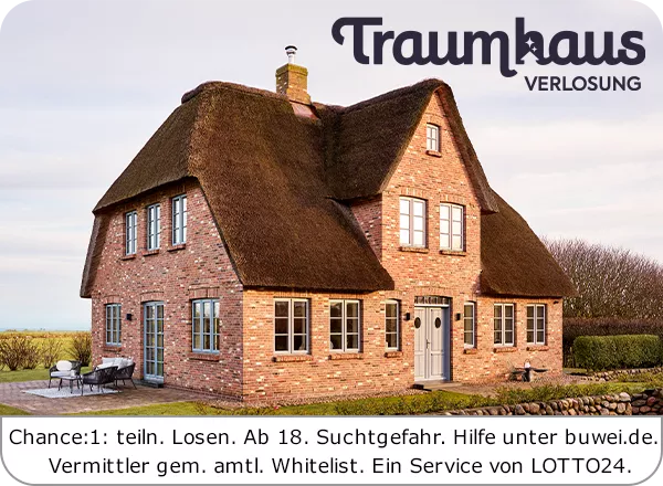 Lotto Traumhaus: Teilnahme ab 18 Jahren. Spielen kann süchtig machen. Hilfe: buwei.de. Vermittlung durch LOTTO24 (Whitelist).