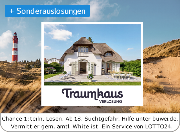 Traumhaus-Verlosung vor Dünenlandschaft mit Leuchtturm.
