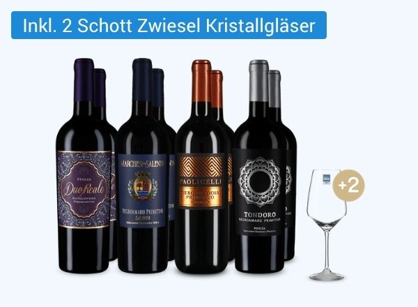 Vier Flaschen Primitivo-Wein mit unterschiedlichen Etiketten und ein Weinglas daneben, worüber ein Sticker abgebildet ist mit dem Text +2. Links oben in der Ecke befindet sich der Text Über 50 % Rabatt sichern