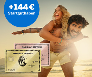 Die Grafik zeigt zwei Personen am Strand, eine trägt die andere. Oben steht: „+144 € Startguthaben“.