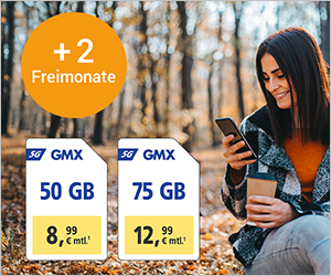 Allnet-Tarif: 50 GB für 8,99 €, 75 GB für 12,99 €, 5G, +2 Freimonate, Person mit Handy im Wald.
