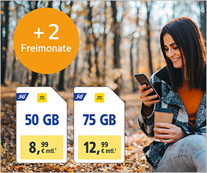 Allnet-Tarif: 50 GB für 8,99 €, 75 GB für 12,99 €, 5G, +2 Freimonate, Person mit Handy im Wald.