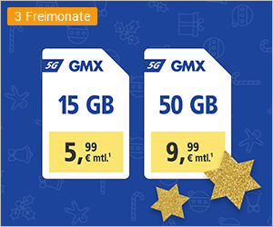 Die Grafik zeigt ein GMX-Angebot: 15 GB für 5,99 € und 50 GB für 9,99 € monatlich, inkl. 3 Freimonate.