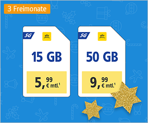 Die Grafik zeigt ein WEB.DE-Angebot: 15 GB für 5,99 € und 50 GB für 9,99 € monatlich, inkl. 3 Freimonate.