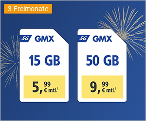 GMX-Angebot: 15 GB für 5,99 € mtl. oder 50 GB für 9,99 € mtl., inkl. 3 Freimonate, mit Feuerwerksgrafik.