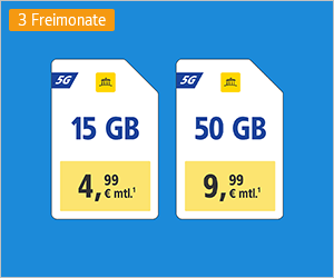WEB.DE Mobilfunk-Angebot: 15 GB für 4,99 Euro und 50 GB für 9,99 Euro monatlich, inkl. 3 Freimonate