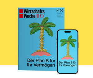 Magazine und Smartphone mit blauem Cover zeigen eine aus Münzen geformte Palme