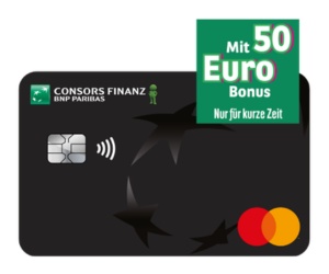 Schwarze Kreditkarte von Consors Finanz mit Hinweis ‚50 Euro Bonus – nur für kurze Zeit‘.