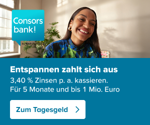 Consorsbank Banner mit Person, 3,40 % Zinsen p.a., Button Zum Tagesgeld