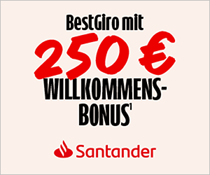 Grafik mit Text: BestGiro mit 250 Euro Willkommens-Bonus und Santander-Logo