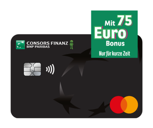 Schwarze Kreditkarte von Consors Finanz mit Hinweis ‚75 Euro Bonus – nur für kurze Zeit‘.