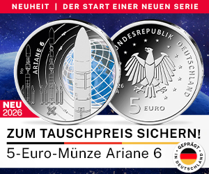 Werbegrafik zur 5-Euro-Münze Ariane 6 mit Vorder- und Rückseite der Münze