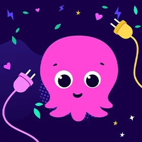 Pinkes Cartoon-Oktopus mit Steckern und Konfetti auf dunklem Hintergrund