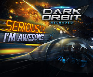 Raumschiff im Orbit mit Spiellogo "Dark Orbit"