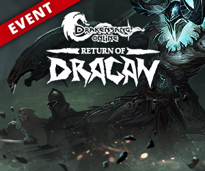 Drakensang Online Event Teaser Grafik für das Event Fluch der schwarzen Ritter Dragans Rückkehr. Ein schwarz gekleideter Krieger mit furchteinflößender Maske und Waffe wartet auf seine Gegner und steht in einer schwarzen und düsteren Umgebung.