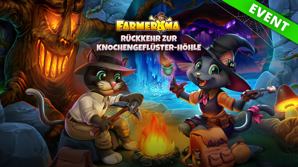 Farmerama Event Rewards Übersicht mit exklusiven Gegenständen und Boni für Aktion Rückkehr zur Knochengeflüster Höhle