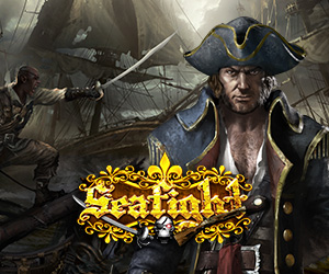 Pirat mit einer Seeschlacht im Hintergrund