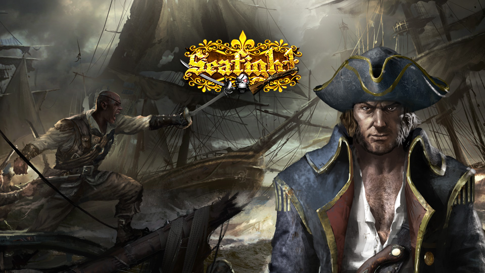 Seafight Teaser Grafik Ein grimmig schauender Pirat steht im Vordergrund und hat eine Zigarre im Mund. Im Hintergrund ist ein großes auffälliges Piratenschiff.