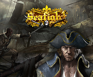 Seafight Teaser Grafik Ein grimmiger Pirat steht vor seinem Schlachtschiff