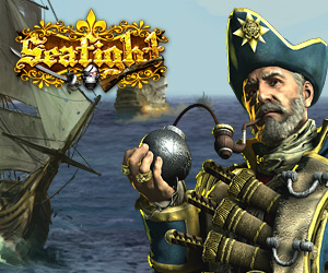 Seafight Teaser Bild Ein grimmiger Pirat steht im Vordergrund und hält eine Bombe in der Hand. Im Hintergrund ist ein Piratenschiff