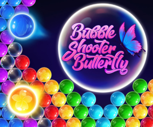 Bubble Shooter Butterfly Teaser Grafik. Ein schöner blau rosa Schmetterlink fliegt über eine bunte Reihe an Bubbles aus dem Spiel Bubble Shooter.