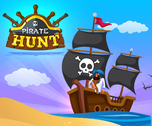 Piratenschiff mit Pirat aam Strand